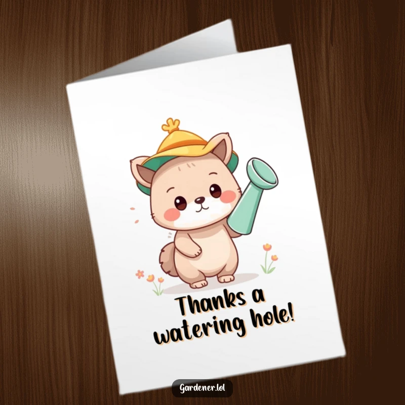 Funny Free Printable Thank You Card: An adorable animal character creatively uses a watering can as a hat for a unique greeting.