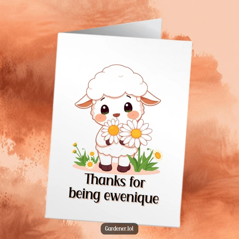 Funny Free Printable Thank You Card: Cheerful Kawaii Sheep gardener appreciating a massive daisy, a sweet DIY gift.