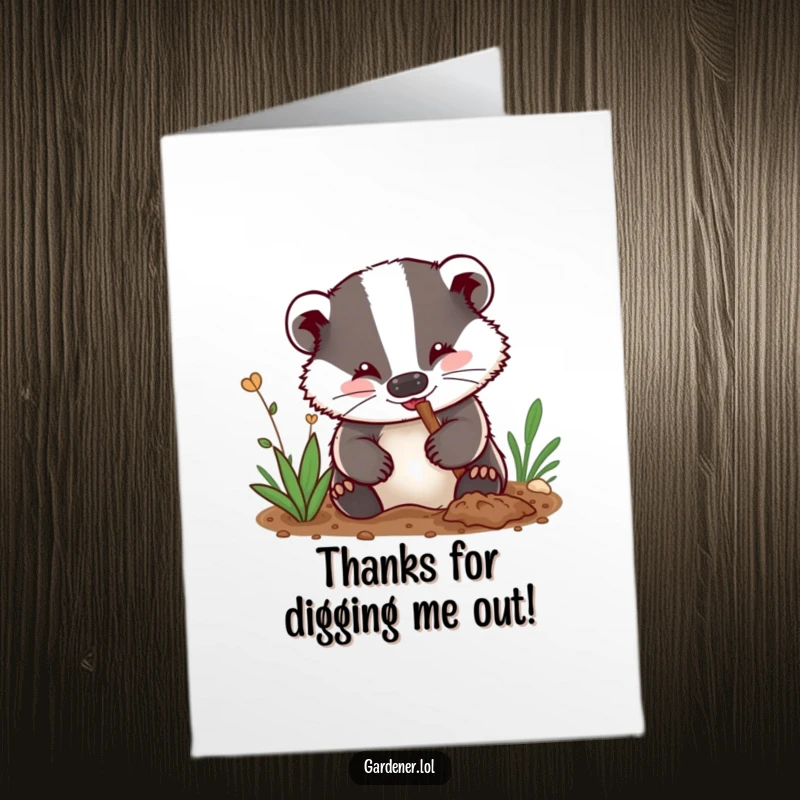 Funny Free Printable Thank You Card: A delighted badger gardener digs enthusiastically with dirt smudges on its nose, expressing sincere thanks.