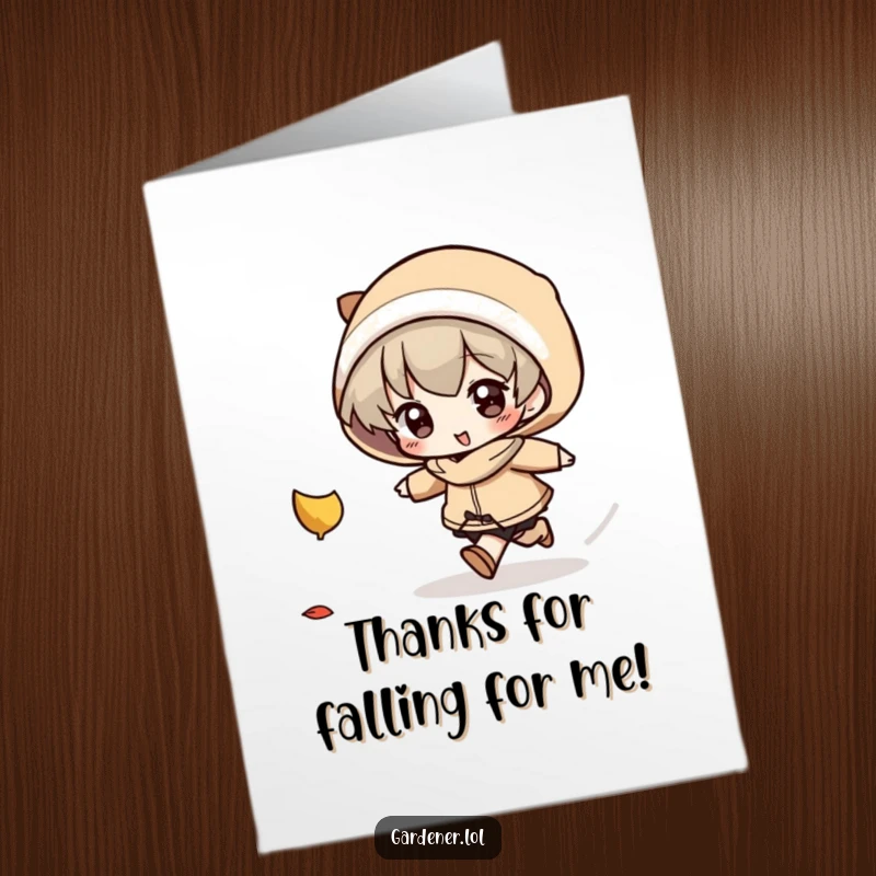 Funny Free Printable Thank You Card: Character determinedly chases a falling leaf. Unique downloadable art for thanks.