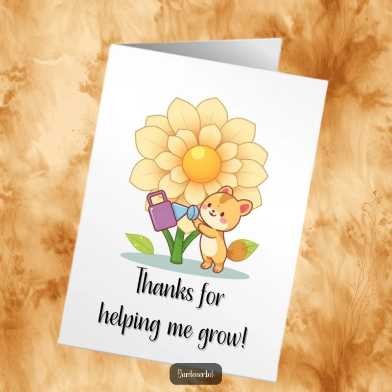 Funny Free Printable Thank You Card: Cute animal happily waters a giant flower, expressing thanks for nurturing kindness.