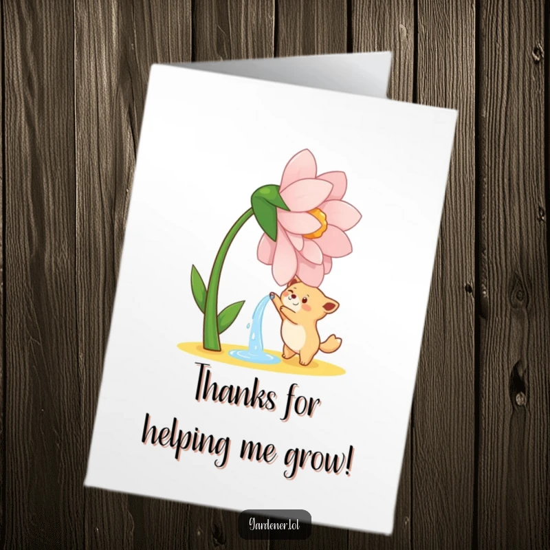 Funny Free Printable Thank You Card: Cute animal joyfully watering a giant dancing flower, a wonderful downloadable gift.
