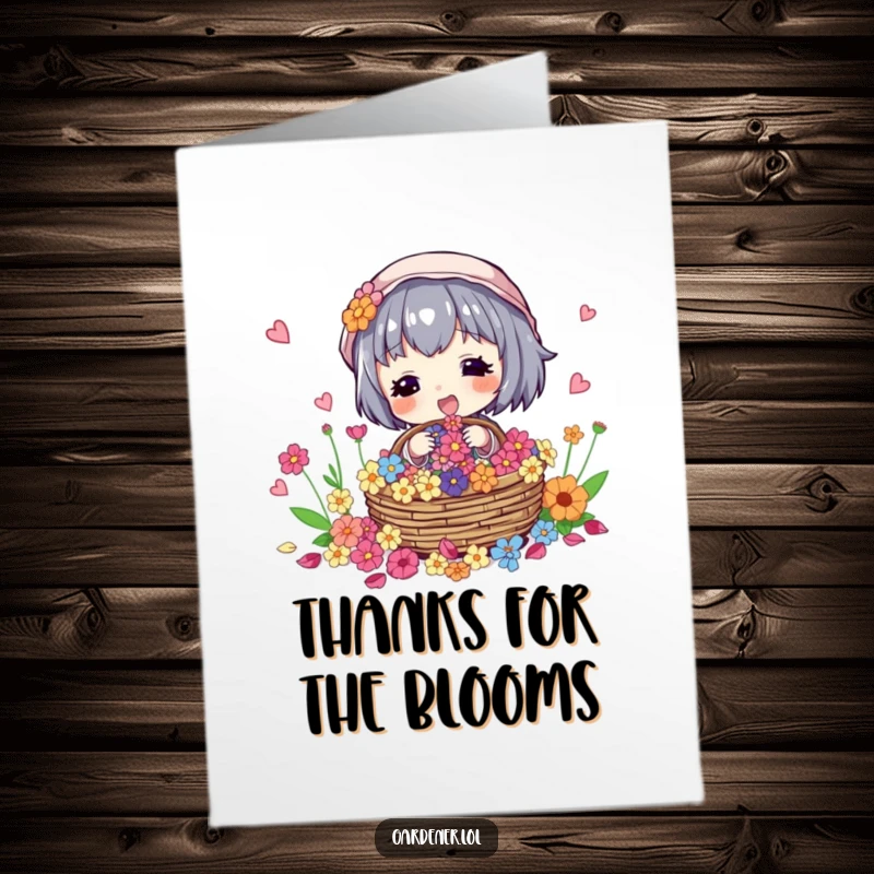 Funny Free Printable Thank You Card: Character excitedly collects colorful flower petals in a basket, saying thank you.