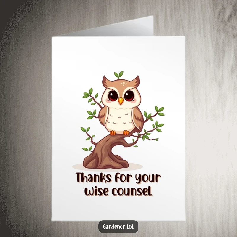 Funny Free Printable Thank You Card: A cheerful owl gracefully prunes a bonsai tree, offering thanks with calm humor.