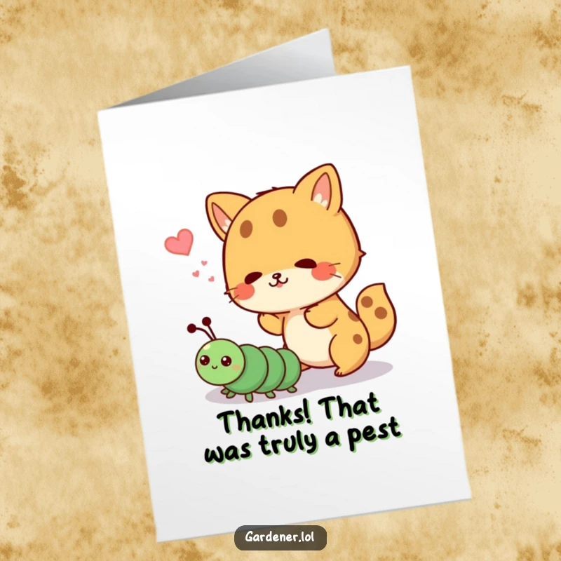Funny Free Printable Thank You Card: Cute animal playfully shooing away a cartoon caterpillar, expressing thanks.