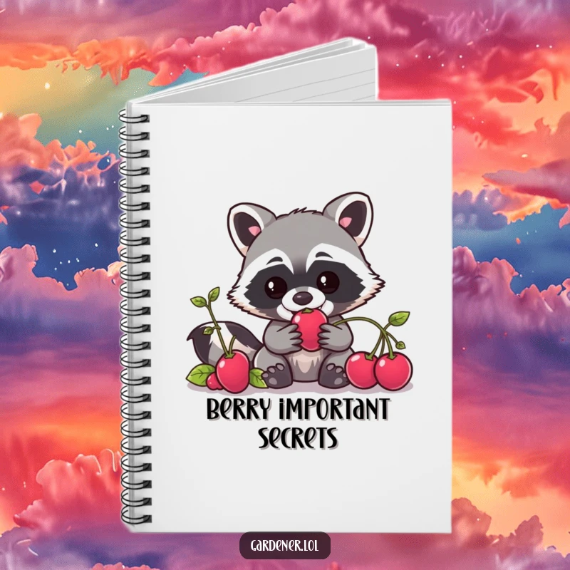 Funny Kawaii raccoon gardener notebook, a mischievous character trying to steal a berry, for journaling and notes.