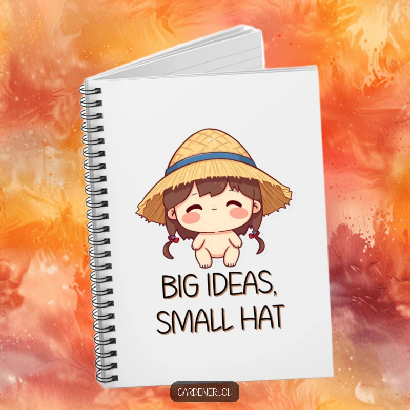 Funny notebook with a character wearing a straw hat that is a bit too large, perfect for writing.