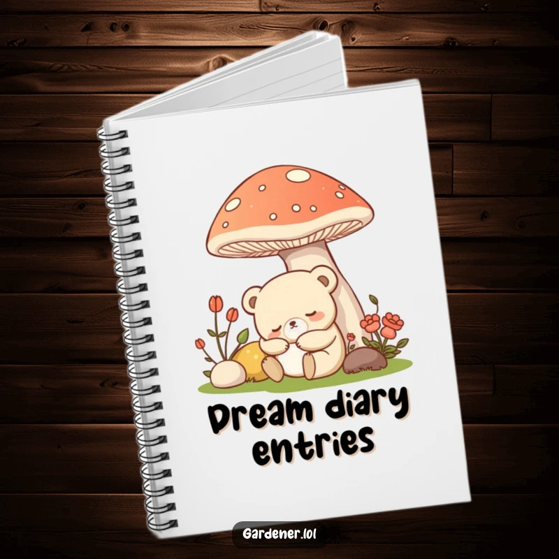 Funny Kawaii bear gardener notebook, a sleepy bear napping under a mushroom, for journaling and creative thoughts.