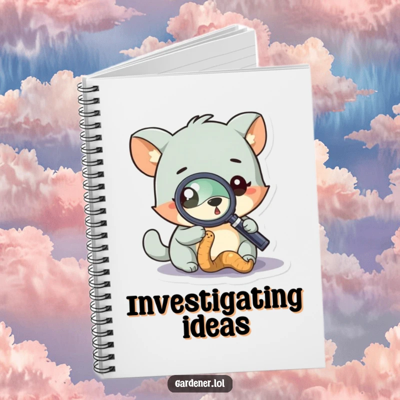 Funny notebook showcasing a curious animal character examining a worm via magnifying glass, perfect for notes and scientific observations.