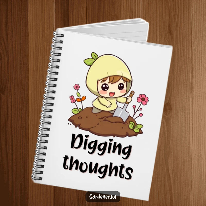 Funny notebook featuring a character excitedly digging in the soil with a small shovel, perfect for journaling garden plans.