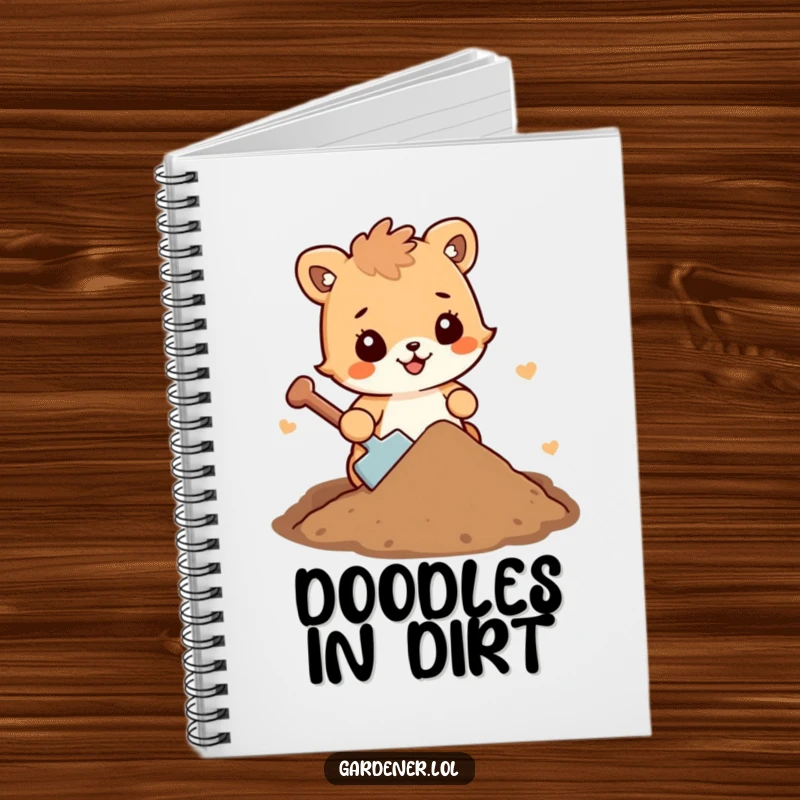 Funny animal character notebook open, ready for notes, with cheerful dirt nearby, a humorous tool.