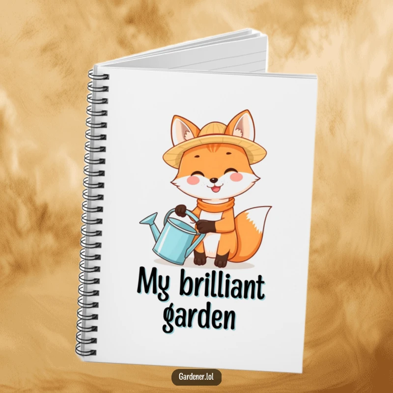 Funny fox wearing a straw hat and holding a watering can on the cover of a notebook.