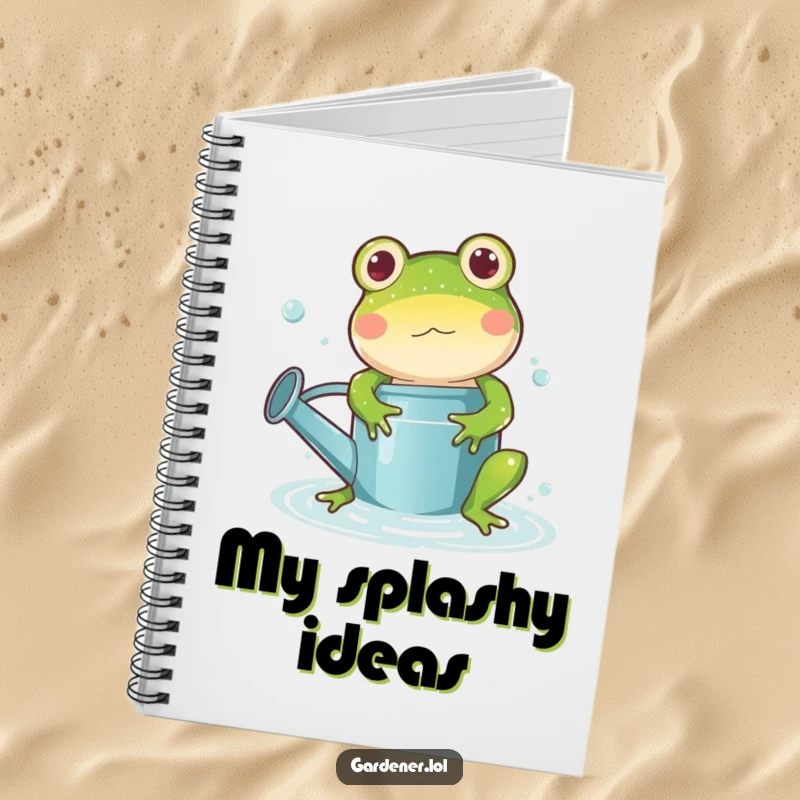 Funny frog watering can notebook, a playful cartoon frog character splashing in a watering can, inspiring wet, fun ideas.