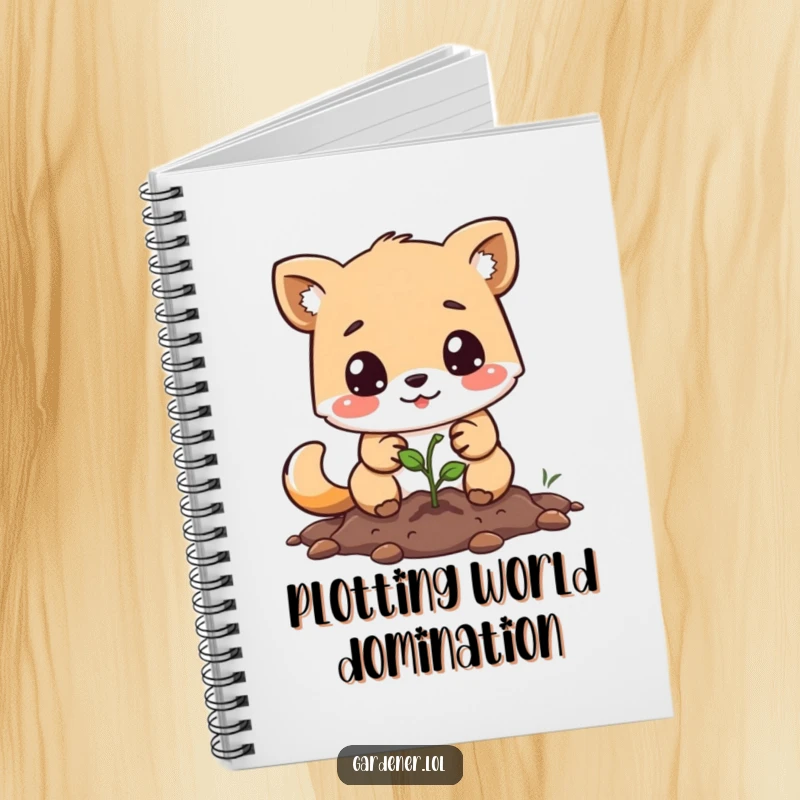 Funny notebook with cover art of a determined animal character planting a tiny seed, ideal for notes and ideas.