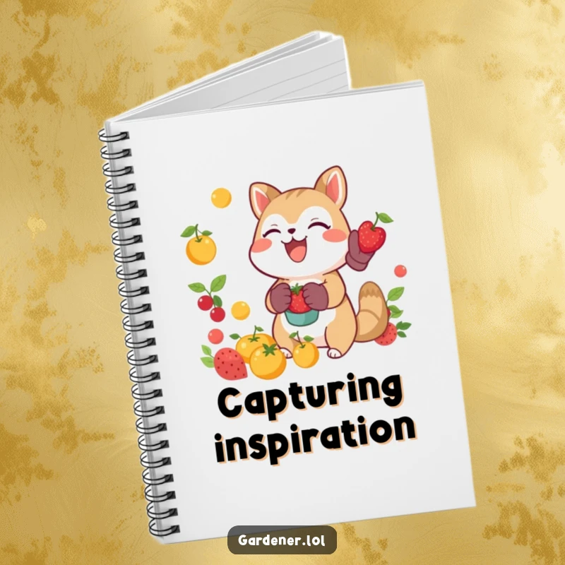 Funny joyful animal catching falling fruit with gardening gloves, lined notebook for journaling, cheerful harvest theme.