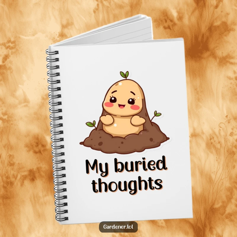 Funny mole soil notebook, a cheerful cartoon mole character popping its head out of rich soil, inspiring grounded ideas.