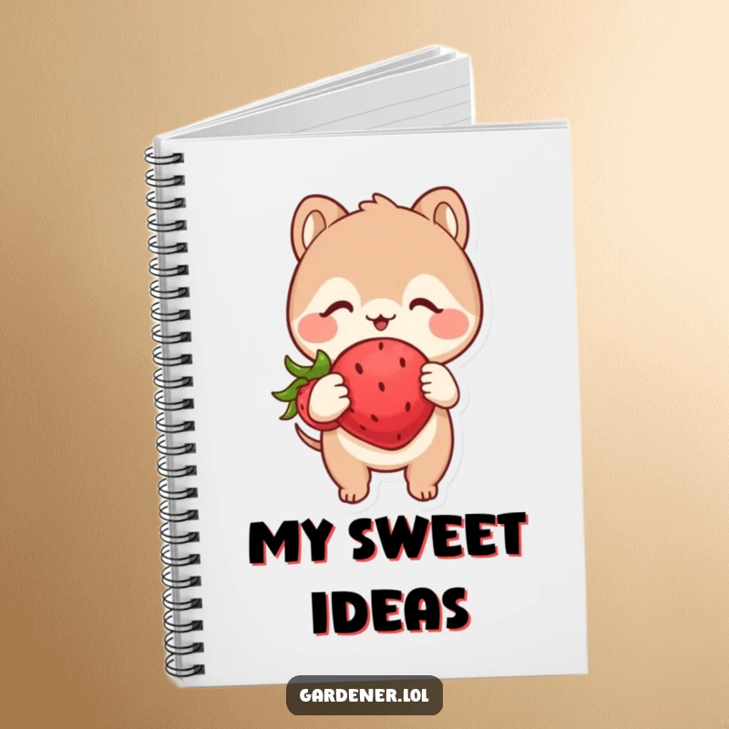 Funny notebook cover with a cute animal character looking with glee at a plump, happy strawberry, perfect for jotting down sweet ideas.