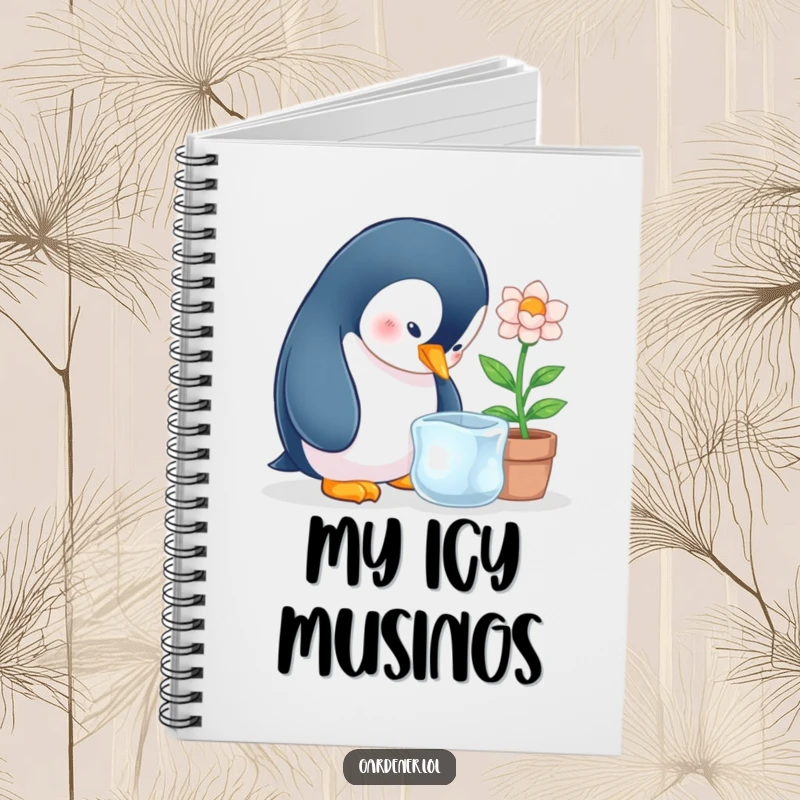 Funny penguin character tending an ice flower on the cover of a notebook.