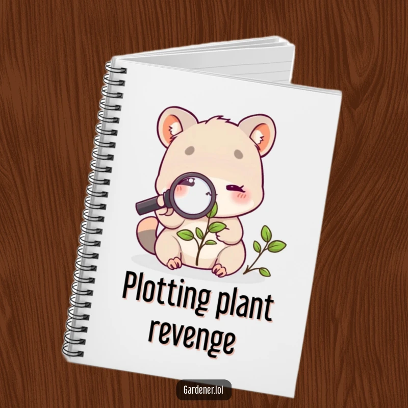 Funny notebook with a cute animal character examining a plant with a magnifying glass, ideal for jotting down notes with a humorous, nature-inspired theme.
