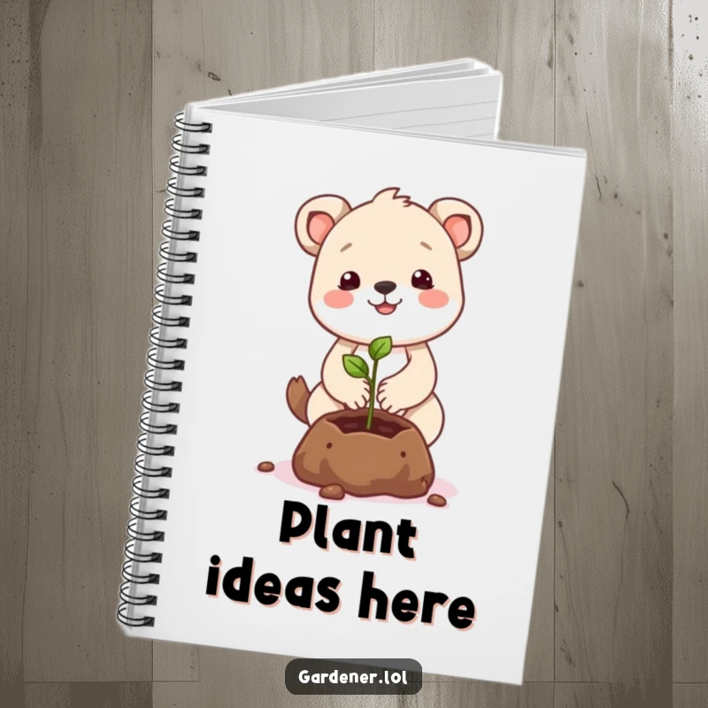 Funny animal character notebook open, ready for notes, with a smiling seed nearby, a humorous tool.