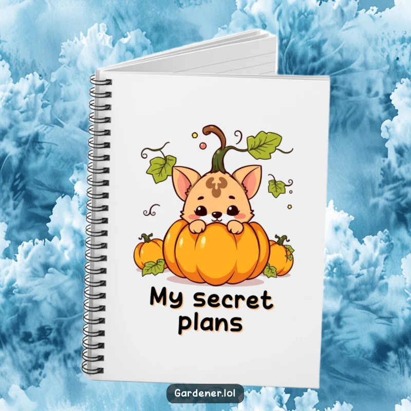 Funny notebook cover featuring a mischievous animal character hiding behind a large pumpkin, ideal for note-taking with a humorous twist.