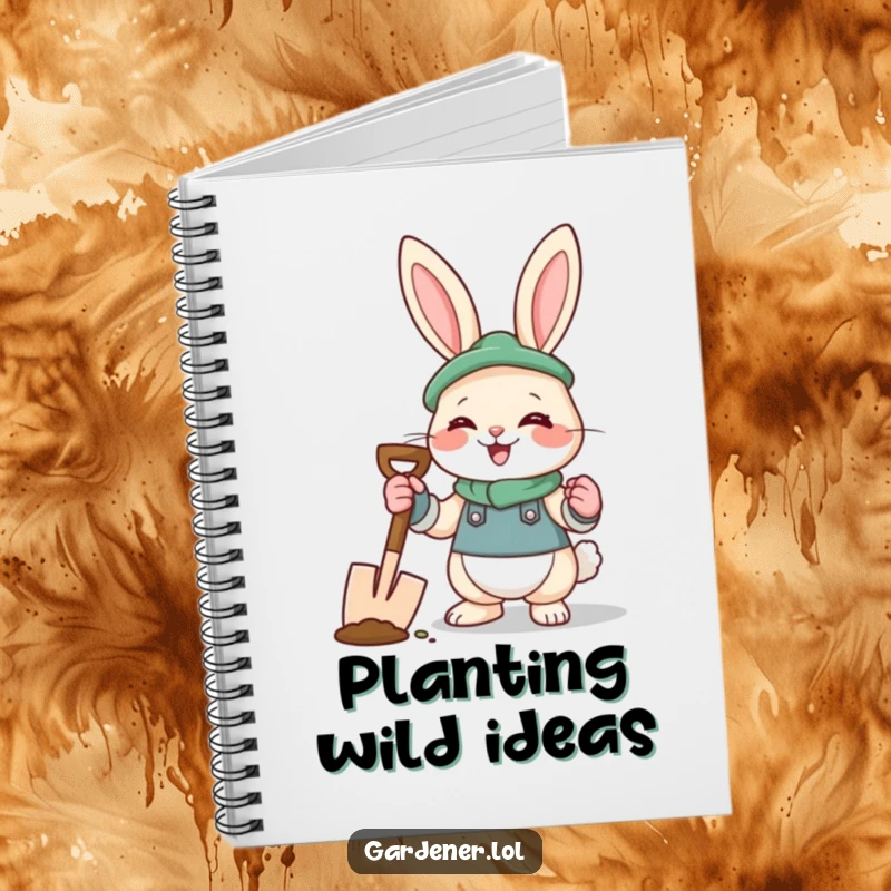 Funny rabbit gardener notebook with a giggling bunny in gardening gloves holding a spade, perfect for notes.