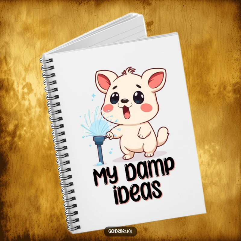 Funny notebook cover featuring a surprised animal character playfully sprayed by a lawn sprinkler, ideal for note-taking with a humorous twist.