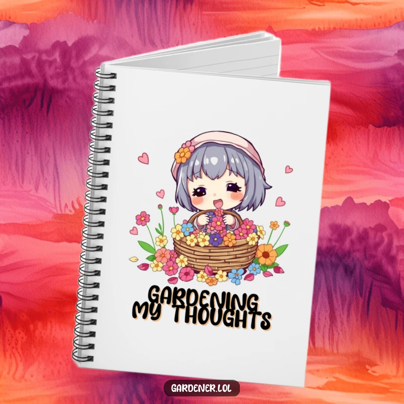 Funny notebook with a character excitedly gathering flower petals into a basket, perfect for writing.