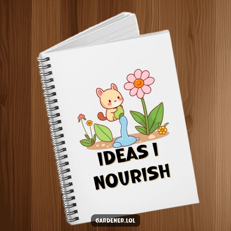 Funny notebook with a small animal character joyfully watering a comically large flower, perfect for journaling about growth and inspiration.