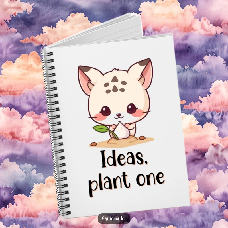 Funny notebook with a cute animal character curiously peeking at a sprouting seed, great for capturing ideas and daily reflections.