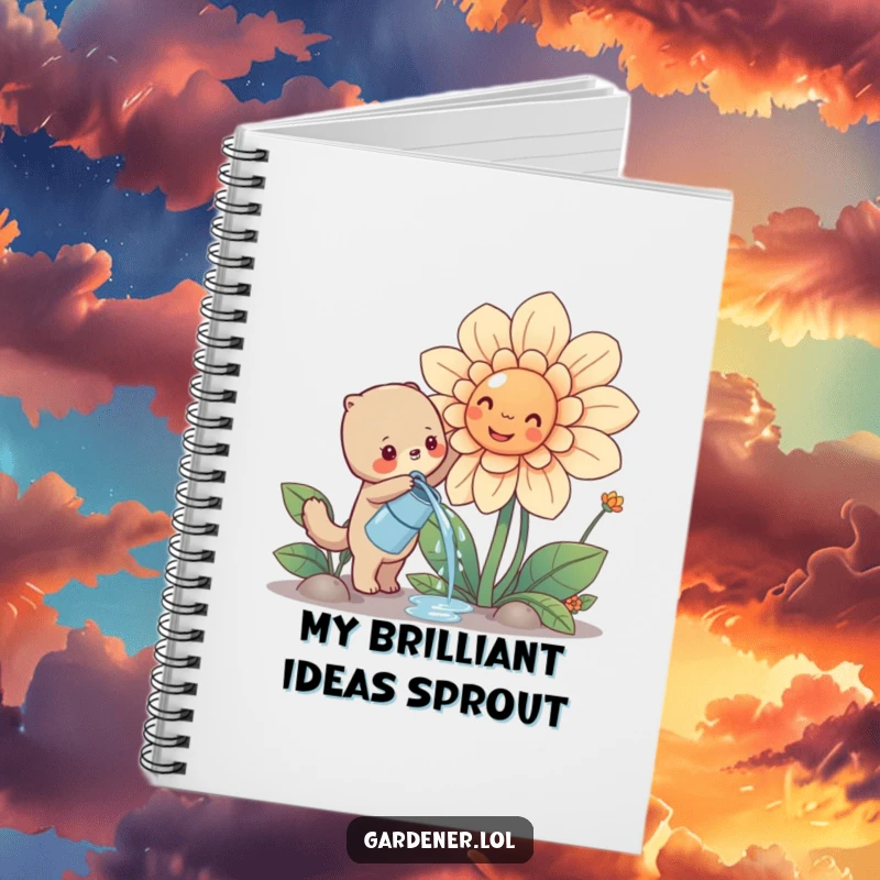 Funny cute animal watering a giant smiling flower, lined notebook for journaling, whimsical gardening theme.