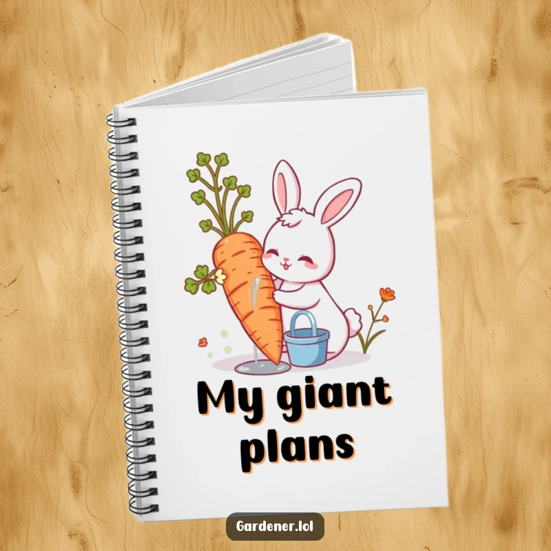 Funny cute bunny with a giant carrot, ready to write notes in a humorous notebook.