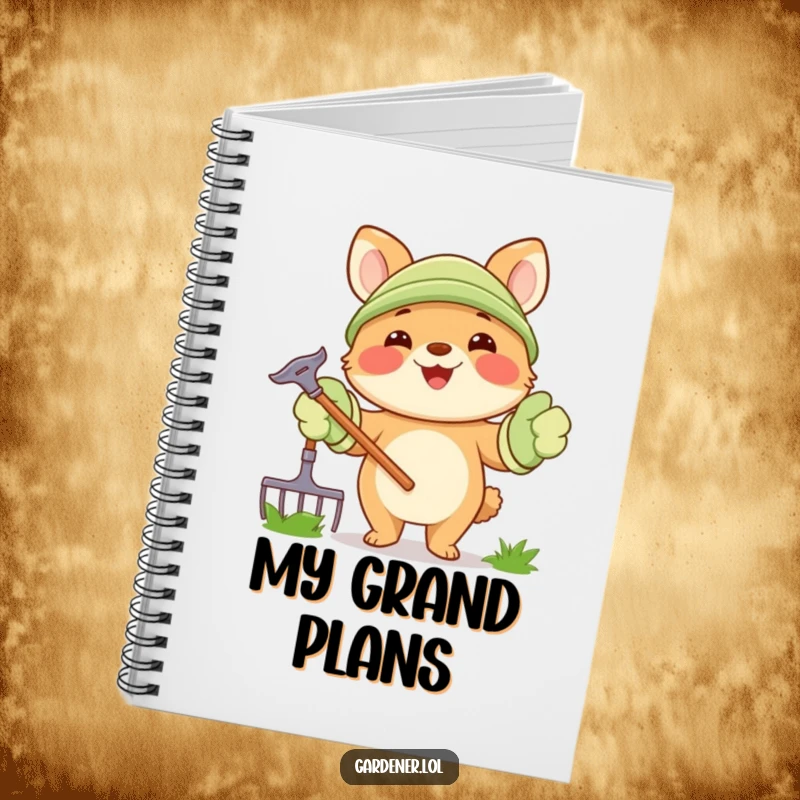 Funny Notebook: A happy animal character holds a rake, wearing oversized gardening gloves, perfect for planning and jotting ideas.