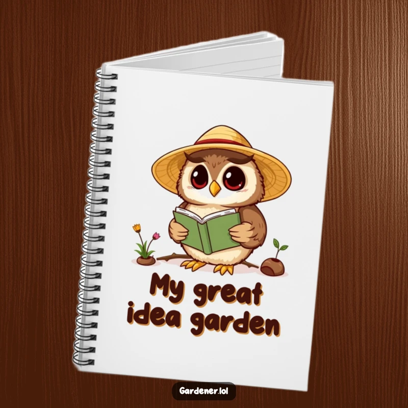 Funny Kawaii owl gardener notebook cover, featuring a wise owl reading a gardening book, ideal for capturing clever thoughts.