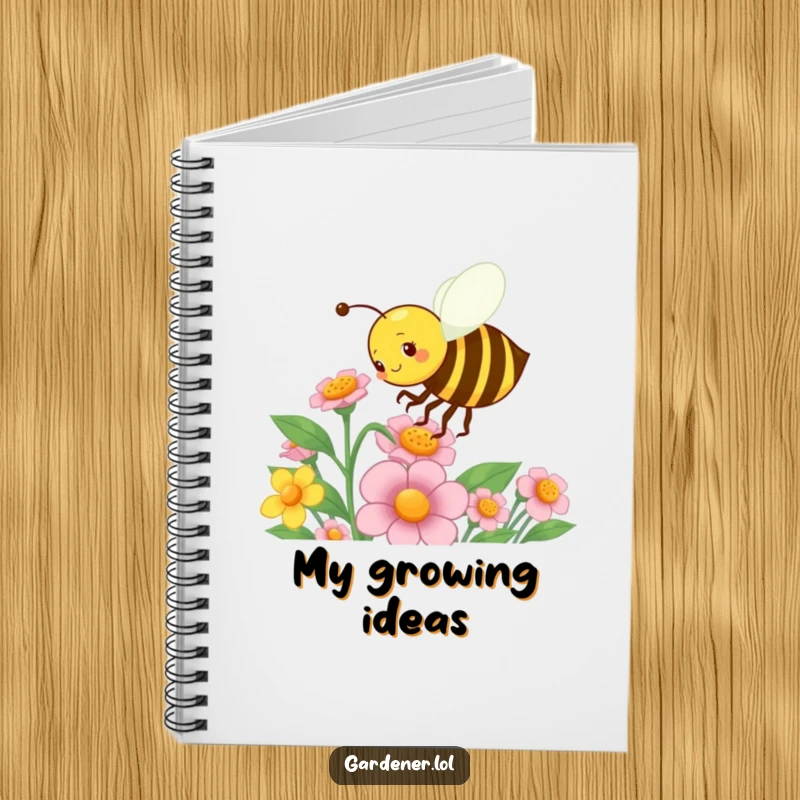 Funny notebook displaying a busy bee character energetically pollinating a flower, perfect for jotting down notes with a charming garden touch.