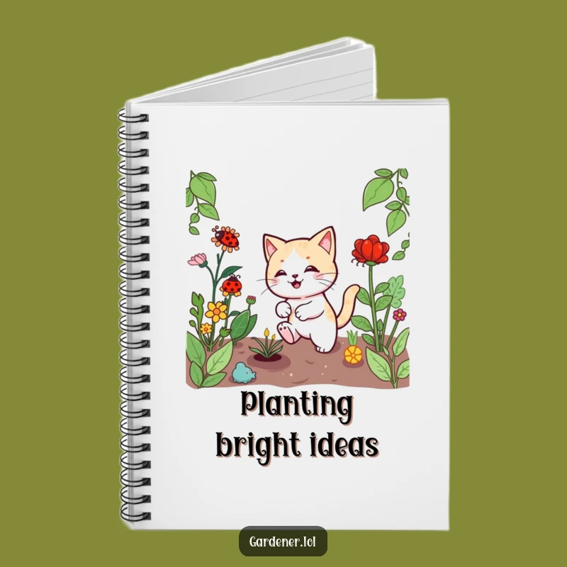Funny Kawaii Cat Gardener Notebook, Playful Ladybug Chase, Journal Your Fun Ideas