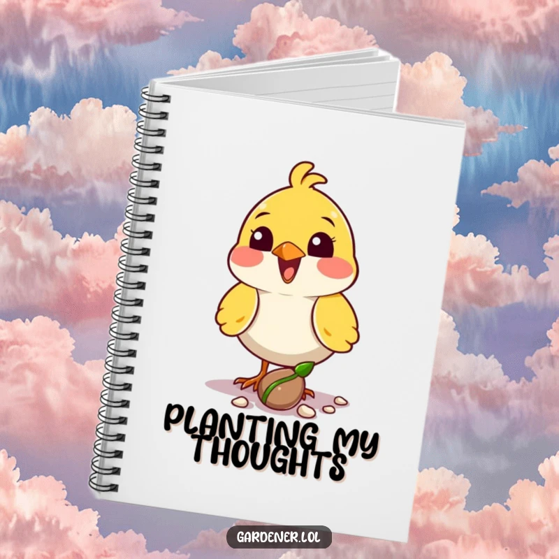 Funny bird planter notebook with a delighted character planting a seed with its beak, ideal for journaling.