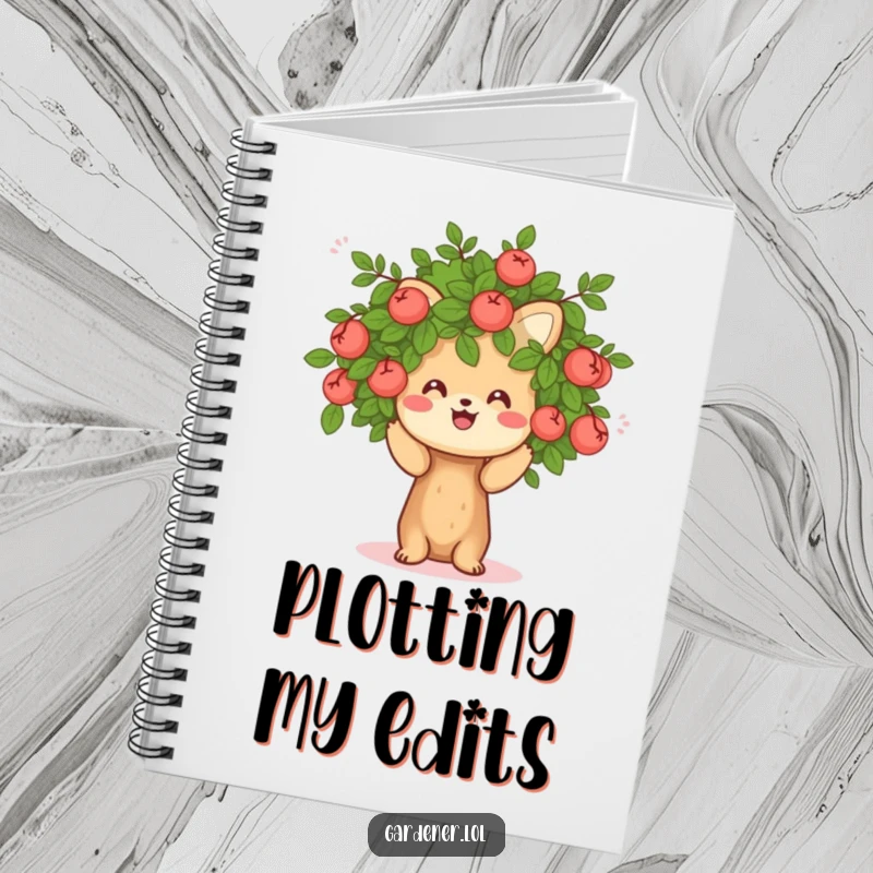 Funny notebook showcasing a cheerful animal character pruning a small, friendly bush, perfect for notes and garden plans.