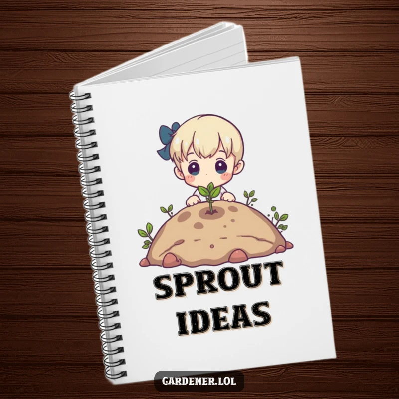 Funny notebook featuring a character admiring a tiny sprout emerging from the earth, perfect for journaling hopeful thoughts.