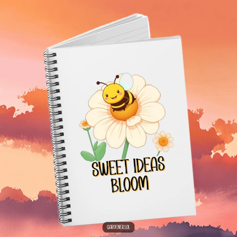 Funny bee flower notebook with a smiling character hovering over a giant blooming flower, ideal for jotting notes.