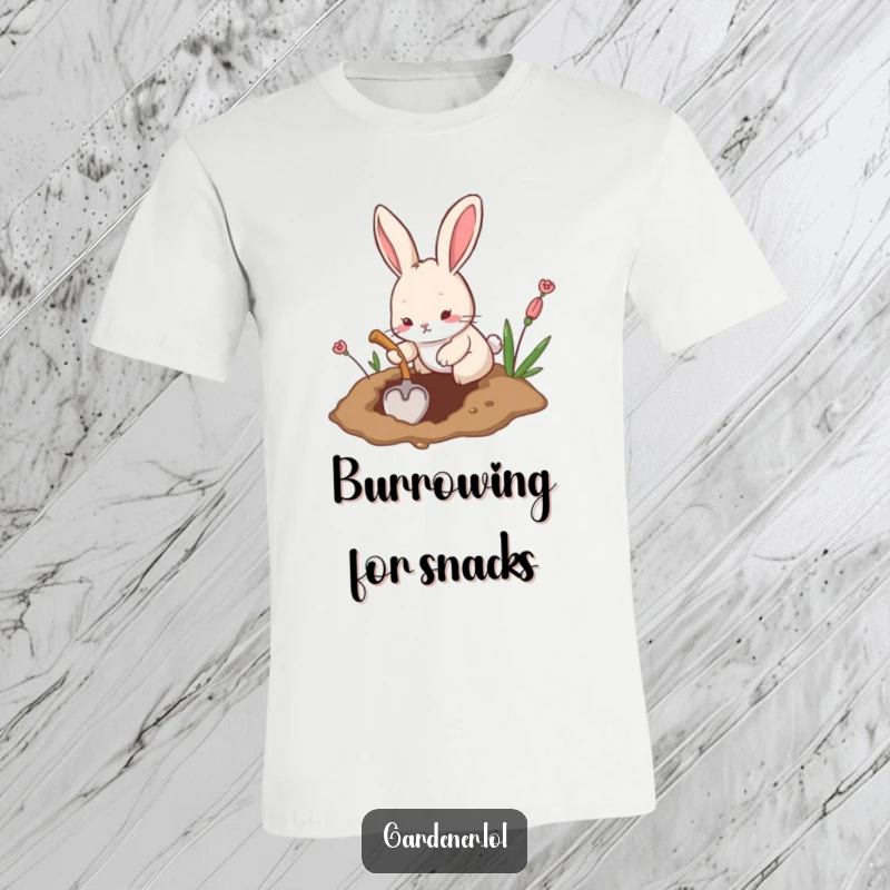 Funny t-shirt showing a playful rabbit digging a hole with a tiny shovel, a humorous depiction of focused activity.