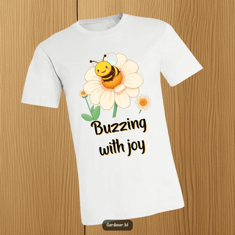 Funny bee t-shirt showing a smiling character hovering above a giant blooming flower, celebrating nature's beauty.
