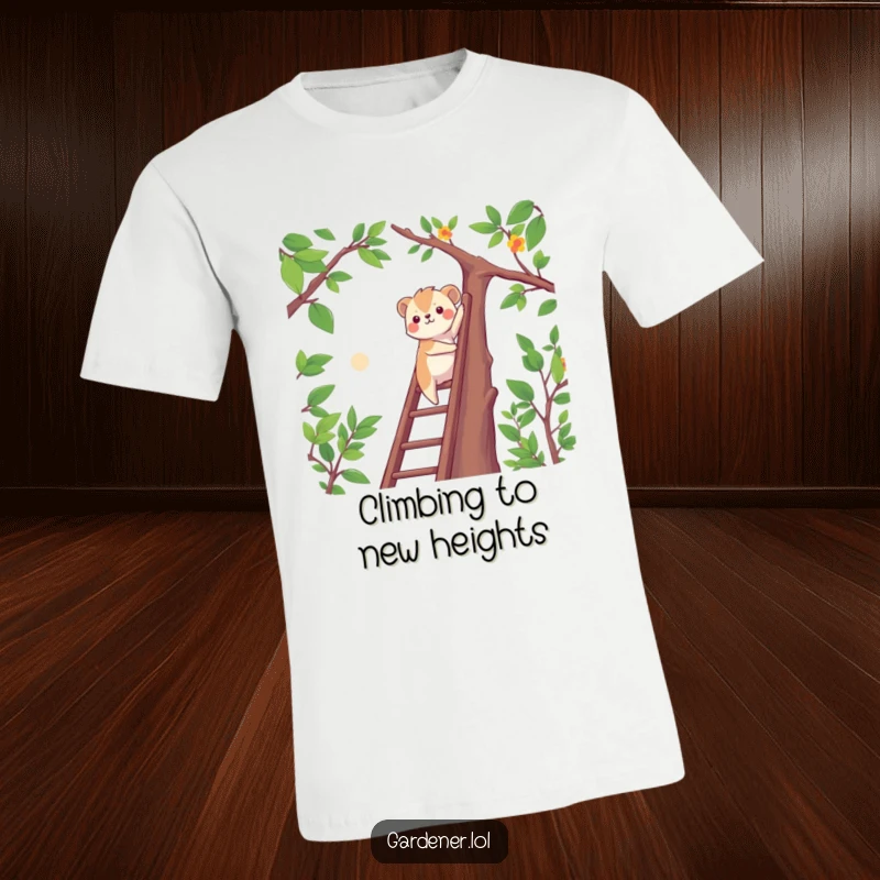 Funny determined animal climbing a ladder to reach high branches, motivational adventure t-shirt, achievement-focused design.