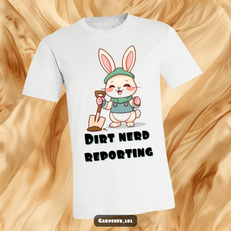 Funny rabbit gardener t-shirt with a giggling bunny wearing gloves and holding a spade, perfect for garden lovers.