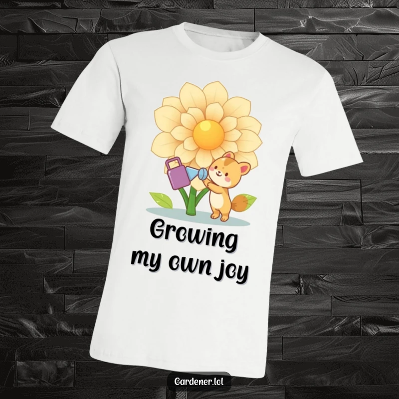 Funny Animal Gardener T-Shirt: Cute joyful animal character watering a giant flower with a watering can, celebrating growth and nature, a humorous gift.