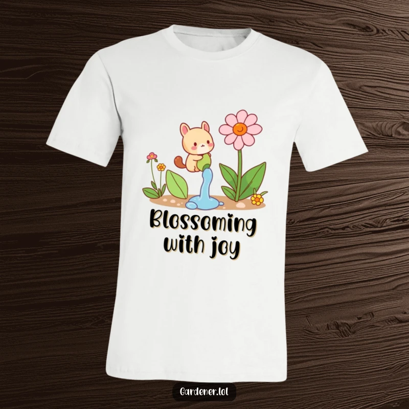 Funny t-shirt with a small animal character joyfully watering a comically large flower, celebrating nature's beauty with humor.