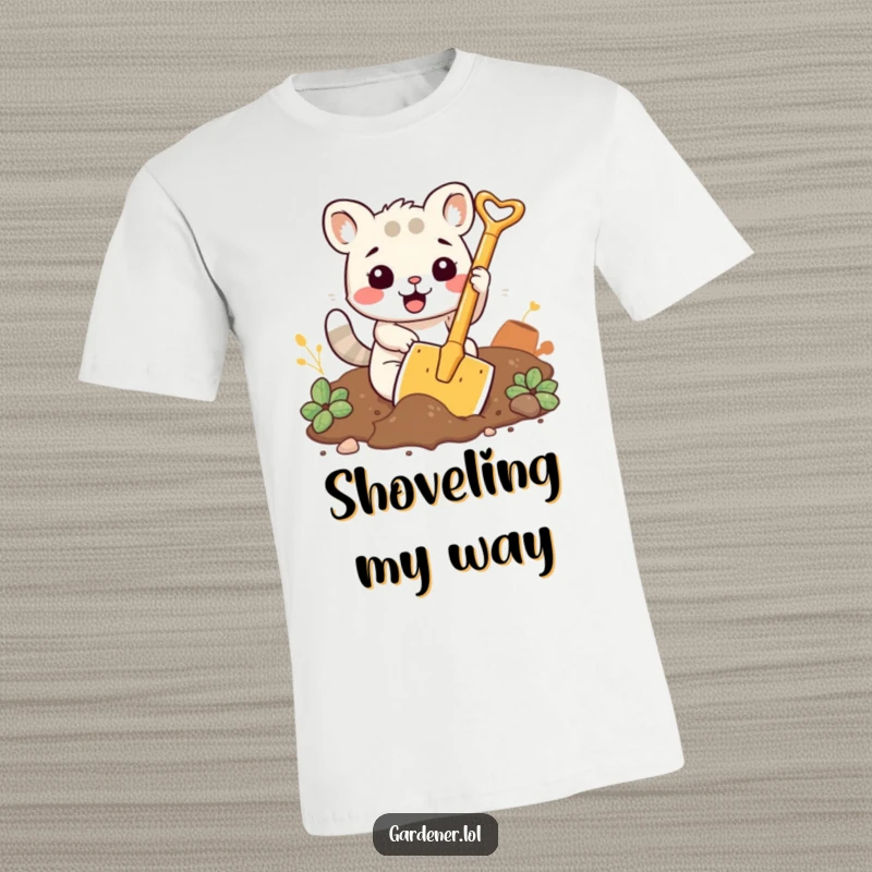 Funny t-shirt with a kawaii animal character enthusiastically digging soil with a comically large shovel.