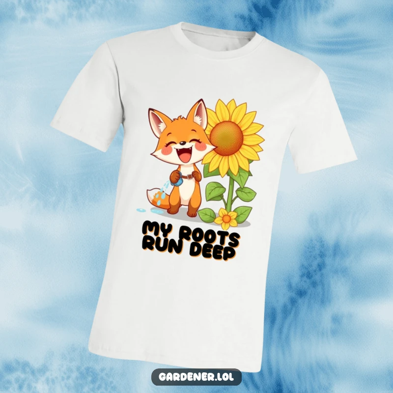 Funny t-shirt depicting an excited fox watering a massive sunflower with pure glee, celebrating gardening and happiness.