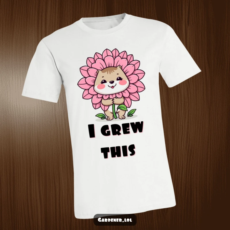 Funny t-shirt: A happy animal gardener proudly holds up an oversized, magnificent flower, celebrating gardening achievements.