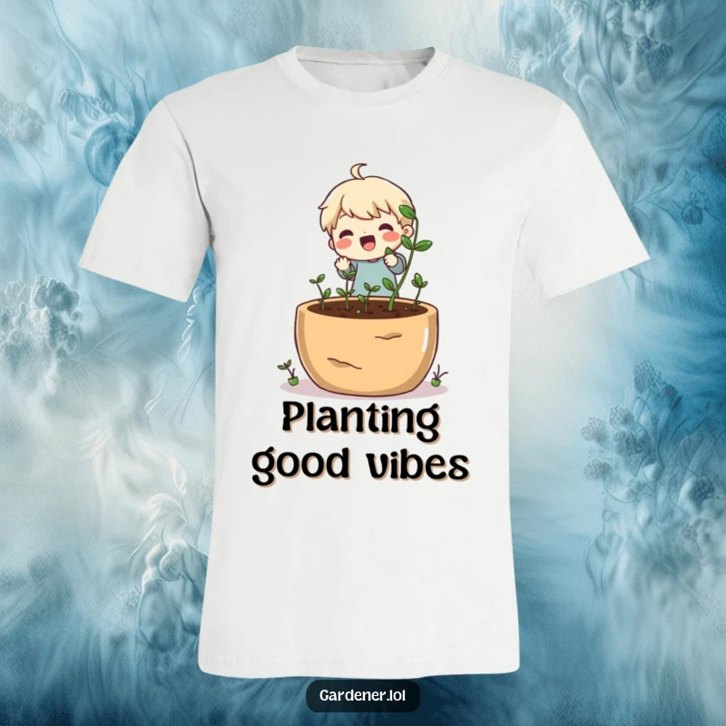 Funny t-shirt featuring a cheerful character joyfully planting small seeds into a very large pot.
